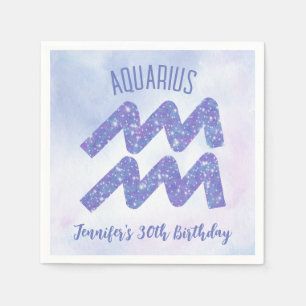 Cute Aquarius Purple Astrology Sign Birthday Party Napkin