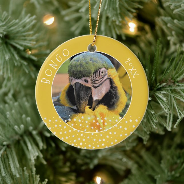 Cute Ara Pet Parrot Photo Star Yellow Christmas  Ceramic Ornament (Tree)