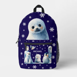Cute Arctic Animals Navy Blue Winter Kids' Nsme Printed Backpack