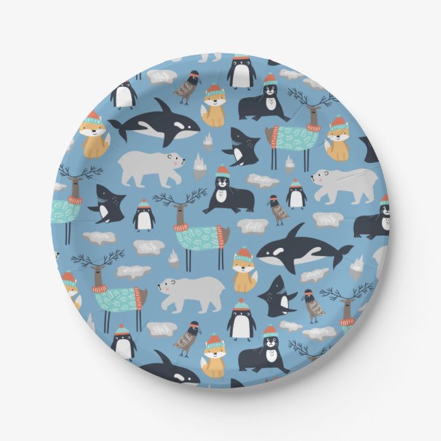 Cute Arctic Animals Seamless Pattern Paper Plate (Front)