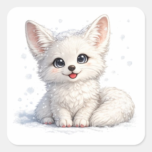 Cute Arctic Fox Cozy Positive Vibes Design Square Sticker (Front)