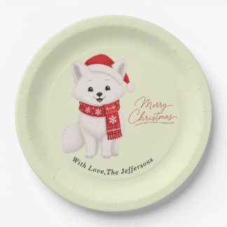 Cute Arctic Fox in Santa Hat & Winter Scarf Paper Plate