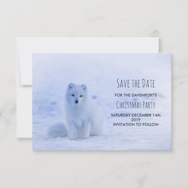 Cute Arctic Fox on Snow Christmas Party Save The Date (Front)