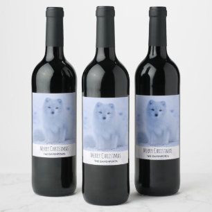 Cute Arctic Fox on Snowy Winter Background Wine Label