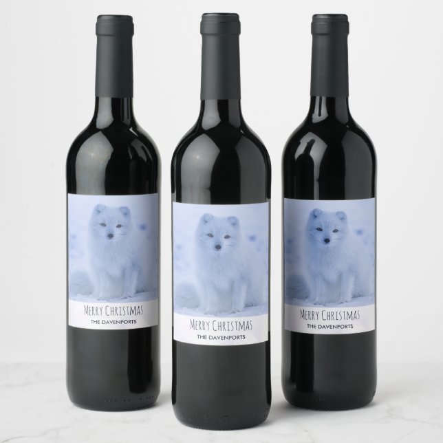 Cute Arctic Fox on Snowy Winter Background Wine Label (Bottles)