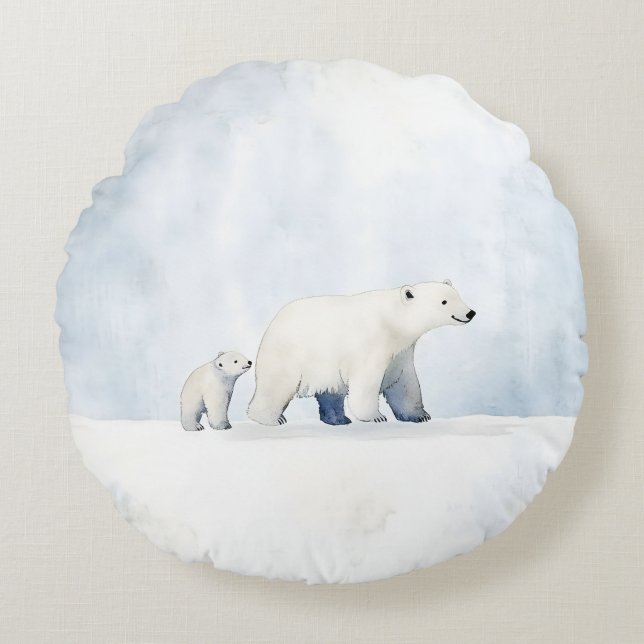 Cute arctic polar bear family round pillow (Front)