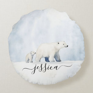 Cute arctic polar bear family script name round pillow