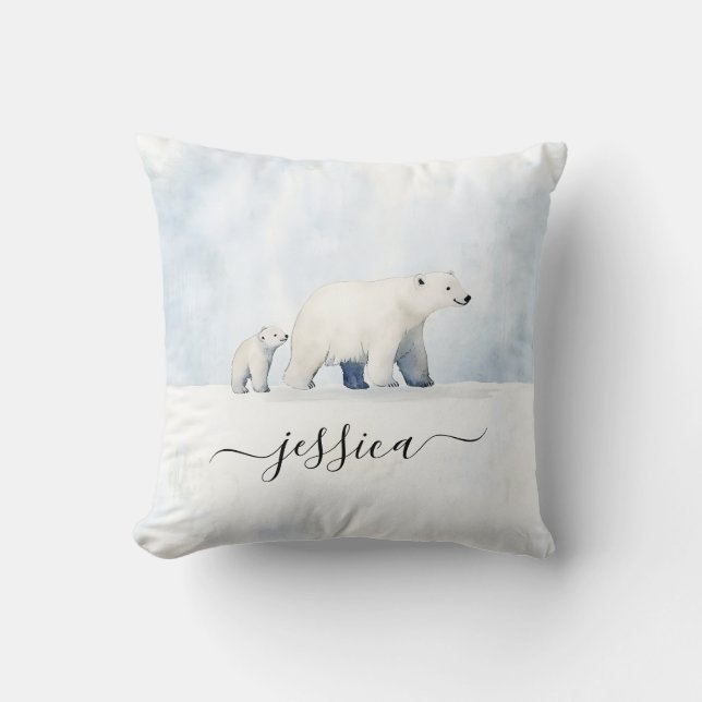 Cute arctic polar bear family script name throw pillow (Front)