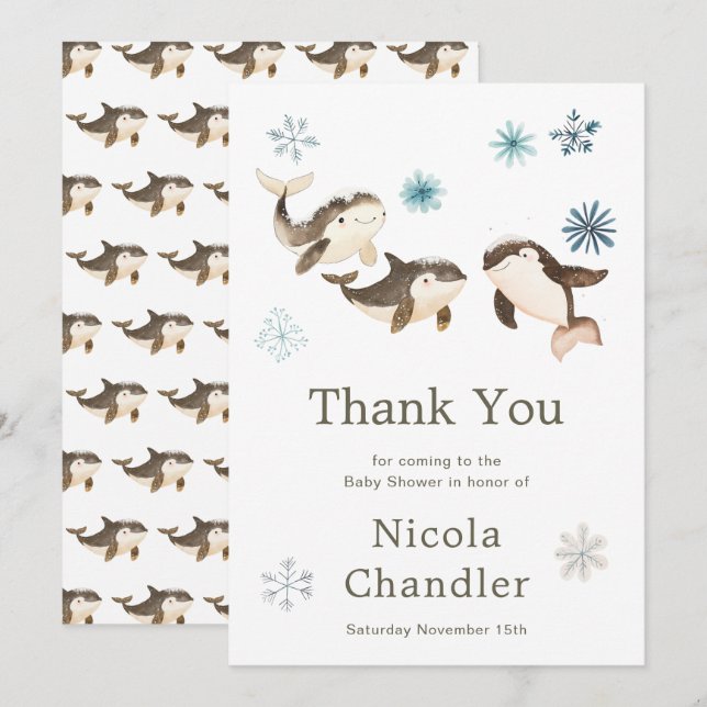 Cute Arctic Whale Baby Shower  Thank You Card (Front/Back)