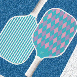Cute Argyle Preppy Pickleball Paddle Blue and Pink