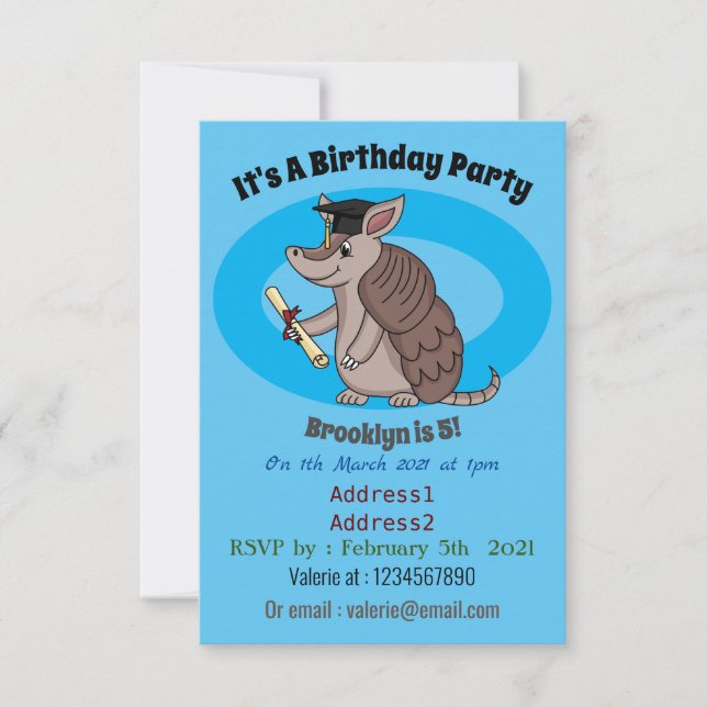 Cute armadillo with graduation cap cartoon invitation (Front)