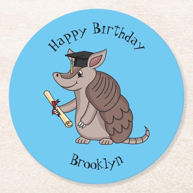 Cute armadillo with graduation cap cartoon round paper coaster (Front)