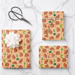 Cute  Armadillos Desert Cactus Pattern Wrapping Paper Sheet