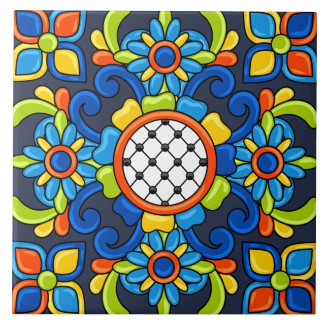 Cute Art Deco Abstract Blue Floral Pattern Tile (Front)