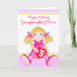 Cute art granddaughter doll age card<br><div class="desc">Whimsical rag doll girls greetings card,  ideal for little girls birthday. Cute pink,  red,  purple,  yellow and white colors. Customize with your own grandfathername and age. Original waterpainting and design by Sarah Trett.</div>