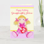 Cute art granddaughter rag doll age birthday card<br><div class="desc">Whimsical girls rag doll painted birthday greetings card,  ideal for a little girls birthday. Cute pink,  red,  purple,  yellow and white colours. Personalize with your own granddaughters name and age. Original watercolor painting and design by Sarah Trett.</div>