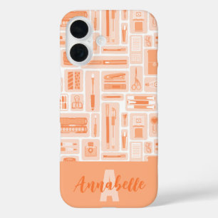 Cute Art Supplies Peach Orange Pattern Monogram iPhone 16 Case