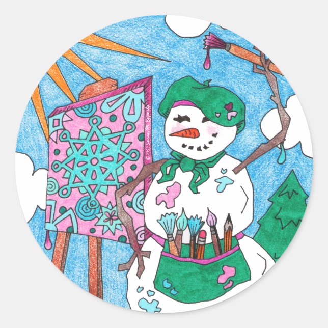 Cute Artist Art Snowman Holiday Christmas Classic Round Sticker (Front)
