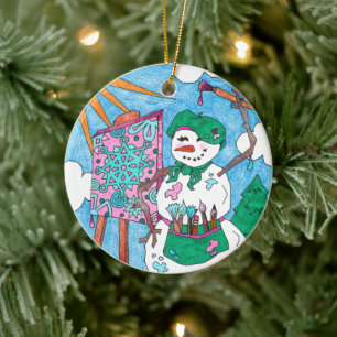 Cute Artist Snowman Holiday Christmas Ceramic Orna Ceramic Ornament