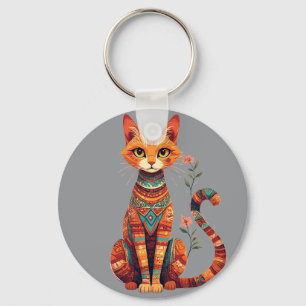 Cute Artistic Cat with Floral Branch Keychain