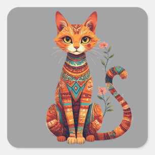 Cute Artistic Cat with Floral Branch Square Sticker