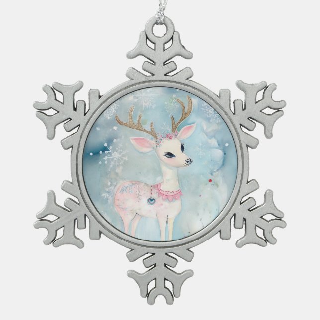 Cute Artistic Christmas Animals Reindeer  Snowflake Pewter Christmas Ornament (Front)
