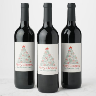 Cute Artistic Merry Christmas Tree Custom Party Wine Label