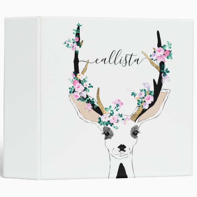 Cute Artsy Pink Floral Deer Animal Illustration Binder (Front/Spine)