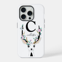 Cute Artsy Pink Floral Deer Animal Monogram