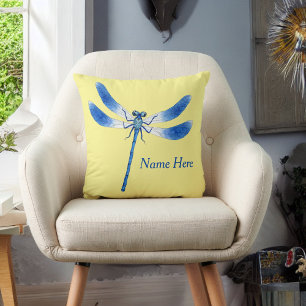 Cute as a Bug Blue Dragonfly on Pale Yellow Throw Pillow