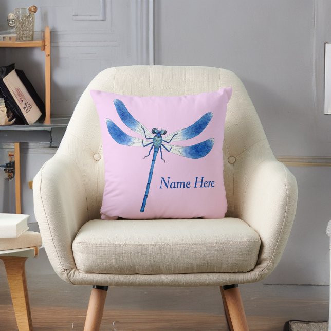 Cute as a Bug Blue Dragonfly on Pink Throw Pillow (Creator Uploaded)
