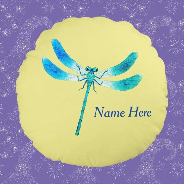 Cute as a Bug Blue Green Dragonfly on Light Yellow Round Pillow (Creator Uploaded)