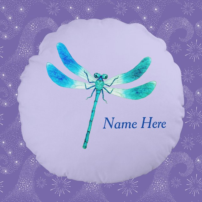 Cute as a Bug Blue Green Dragonfly on Violet Round Pillow (Creator Uploaded)