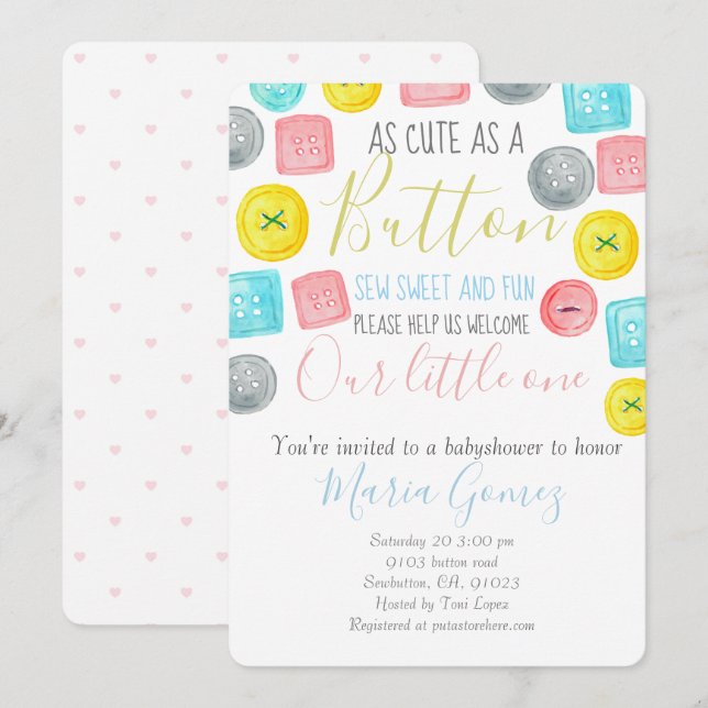 Cute as a button babyshower invitation (Front/Back)