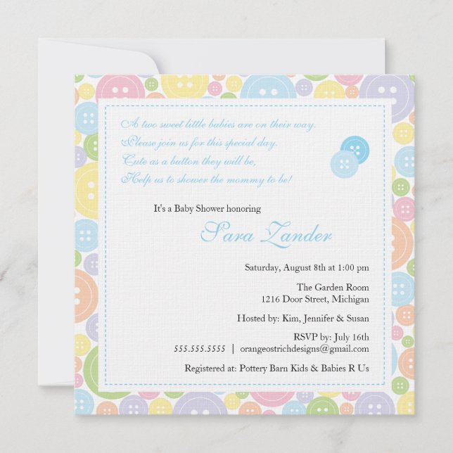 Cute as a Button Twin Boys Baby Shower Invitation (Front)