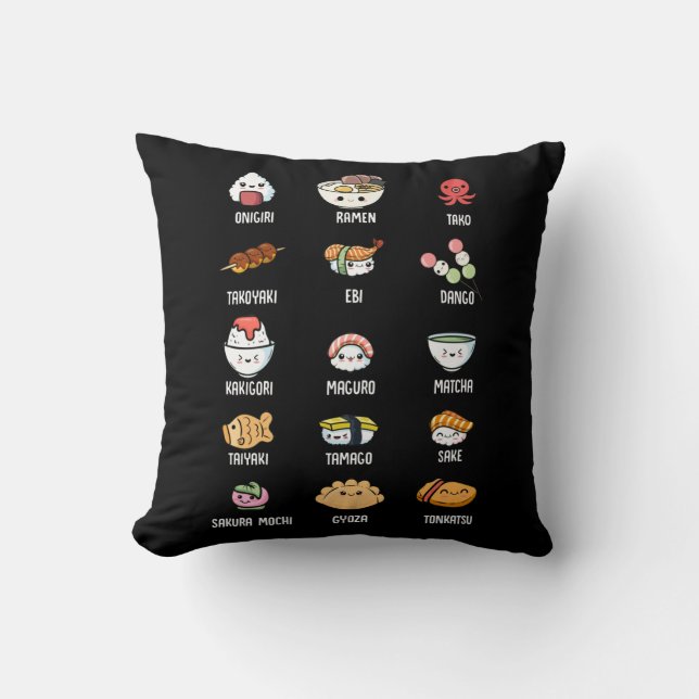 Cute Asian Food Kawaii Sushi Rice Fish Ramen Lover Throw Pillow (Front)