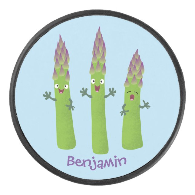Cute asparagus singing vegetable trio cartoon hockey puck (Front)