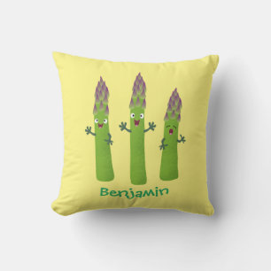 Cute asparagus singing vegetable trio cartoon throw pillow
