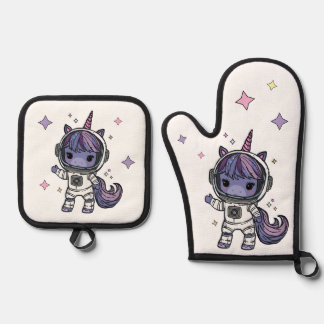Cute Astro Unicorn Oven Mitts Oven Mitt & Pot Holder Set