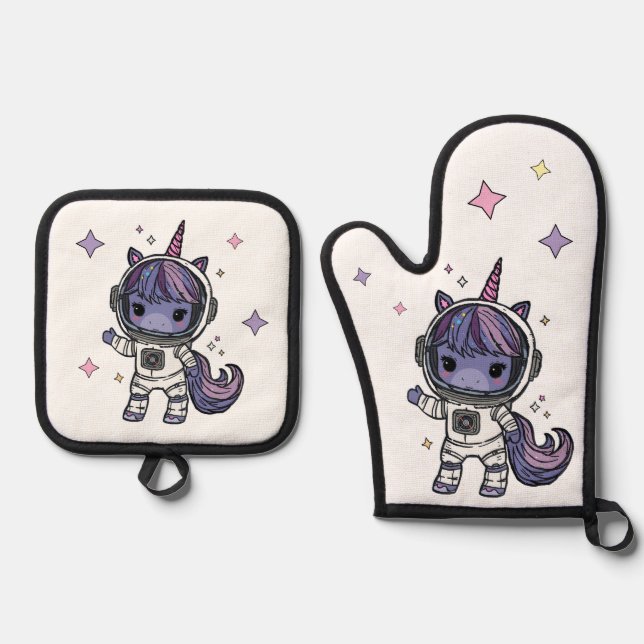 Cute Astro Unicorn Oven Mitts Oven Mitt & Pot Holder Set (Front)