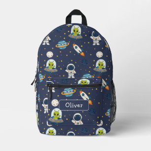 Cute Astronaut Alien Rocket Kids School Name Printed Backpack