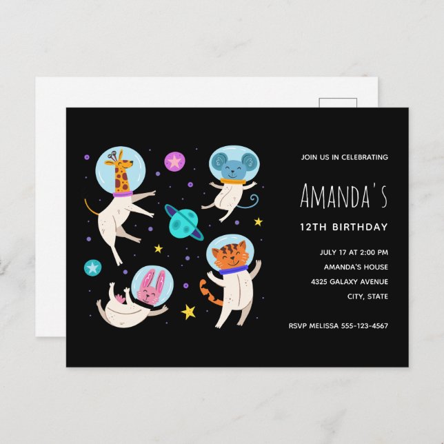 Cute Astronaut Animals Floating in Space Birthday Invitation Postcard (Front/Back)