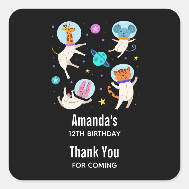 Cute Astronaut Animals Floating in Space Birthday Square Sticker (Front)