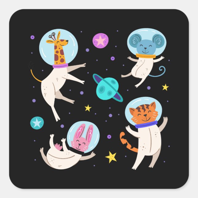 Cute Astronaut Animals Floating in Space Square Sticker (Front)