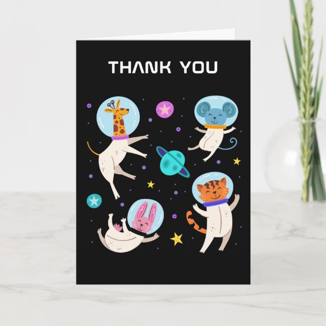 Cute Astronaut Animals Floating in Space Thank You Card (Front)