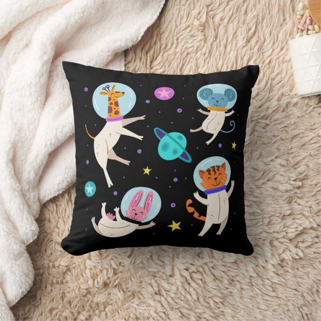 Cute Astronaut Animals Floating in Space Throw Pillow (Blanket)