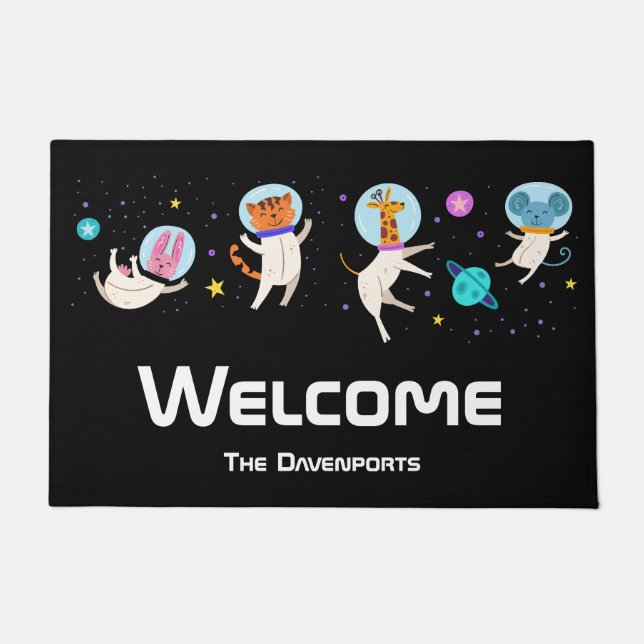 Cute Astronaut Animals Floating in Space Welcome Doormat (Front)