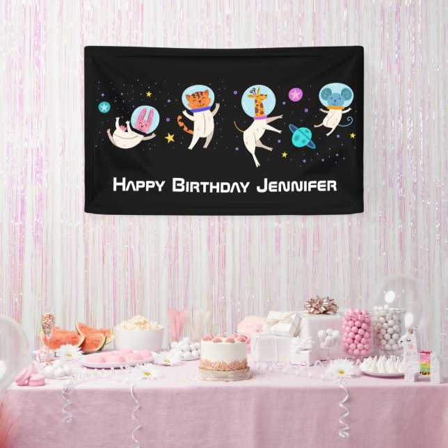 Cute Astronaut Animals in Space Birthday Banner (Party)