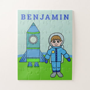 Cute Astronaut Boy and Rocket with Name Jigsaw Puzzle
