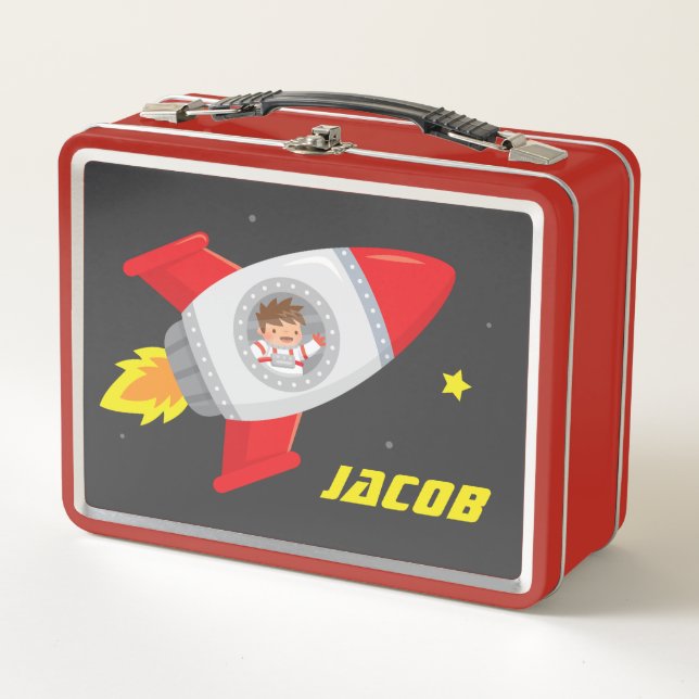 Cute Astronaut Boy In Space Rocket Kids Name Metal Lunch Box (Front)